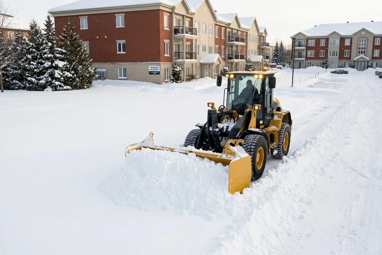 Chargeuse poussant un banc de neige dans un stationnement commercial