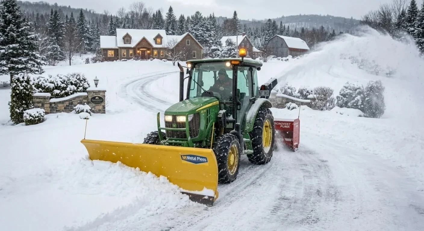 Tracteur à lame déneigeant une entrée résidentielle enneigée